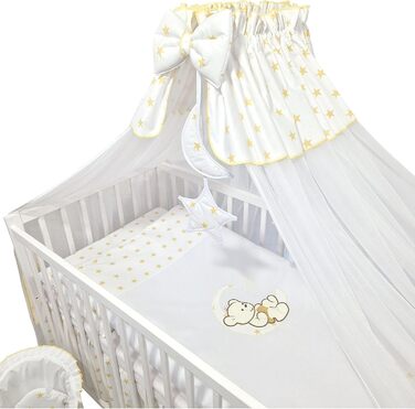 Предметний комплект дитячого ліжечка/колиски та постільної білизни Happy Leo, включаючи матрац з регульованою висотою для новонароджених, немовлят та малюків, з вишивкою (ведмедик, місяць, золоті зірки), 13-