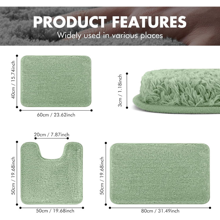 Набір із 3 нековзних килимків для ванної, мякі, водопоглинаючі, волохаті килимки для ванної з мікрофібри з високим ворсом, килимки для ванни, душу та ванної кімнати, які можна прати в пральній машині (зелені) 80 x 50 см (прямокутні)