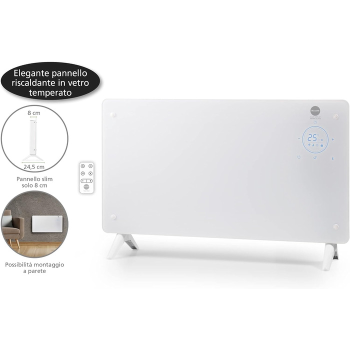 Скляний конвектор MACOM Enjoy & Relax 937 Thermo-Glas, елегантний обігрівач із загартованого скла, швидкий нагрів, 1000/2000 Вт, Tlc, 24-годинний таймер, термостат, настінний монтаж (кріплення в комплекті)