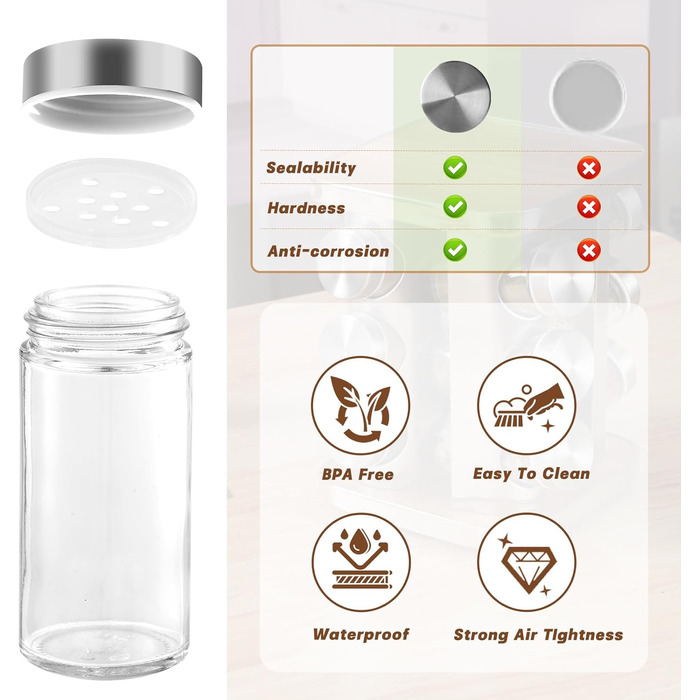 Підставка для спецій FRIBERG з 20 круглими банками для спецій, 100 мл, карусель для спецій з нержавіючої сталі, що обертається на 360, стійка для спецій з лійкою, етикеткою, ручкою та щіткою для чищення, срібляста 20