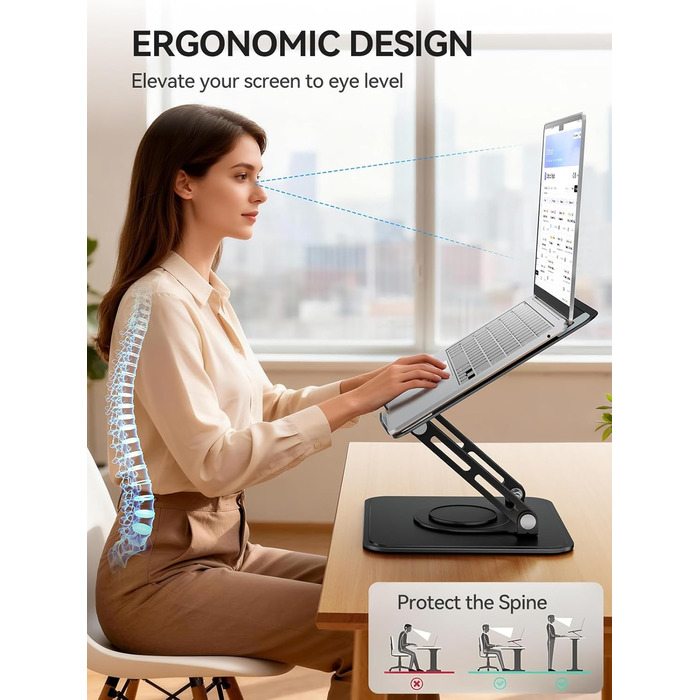 Підставка для ноутбука на стіл, регульована, з поворотним на 360 основами, ергономічна підставка для покращення постави, сумісна з MacBook Pro, Air та всіма ноутбуками від 10 до 15.6 дюймів Чорна