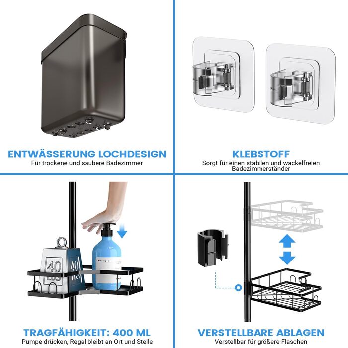 Телескопічна полиця для душу FINIBO, не потребує свердління, телескопічна полиця для душу у ванній кімнаті з 4 кутовими полицями, регульована телескопічна полиця для ванни 43,5-120 дюймів, телескопічна полиця для ванни та душу, чорна