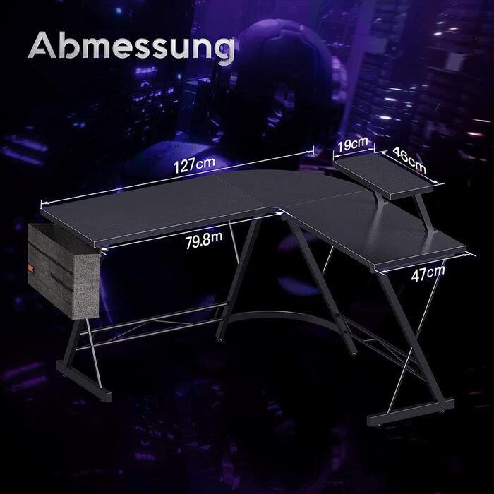 Ігровий стіл ODK, кутовий стіл для геймерів, стіл L-подібної форми з підставкою для монітора для офісу (чорний, 127 x 127 см) 127