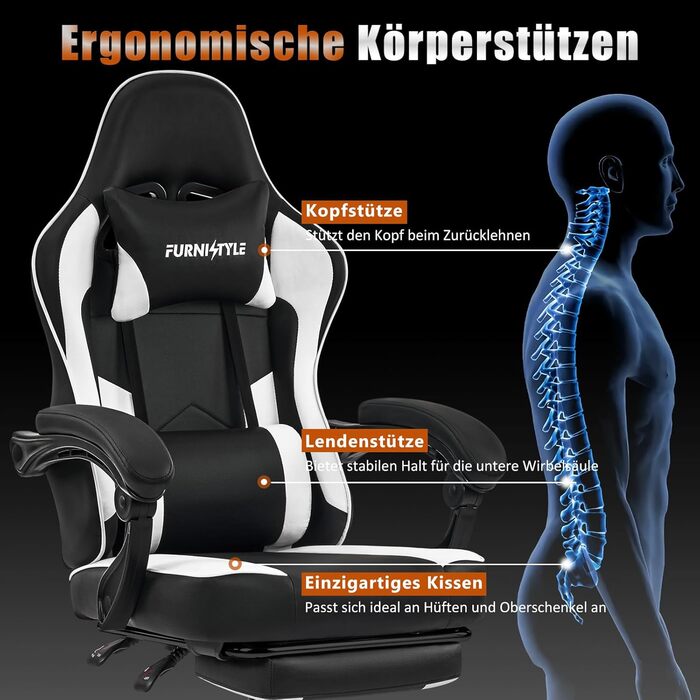 Ігрове крісло Hellove з підставкою для ніг, ергономічне ігрове крісло, крісло для відеоігор з поперековою опорою, регульовані підлокітники для дорослих та підлітків, PU чорно-біле