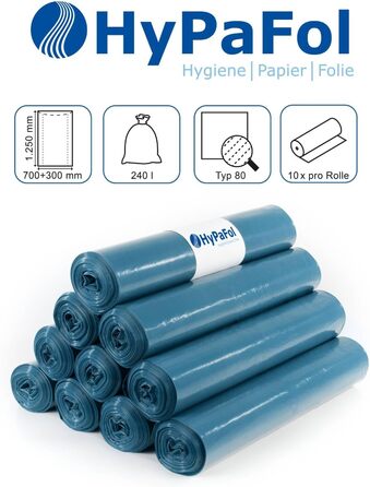 Міцні сміттєві пакети Hypafol 100, стійкі до розривів надзвичайно міцні сміттєві пакети 10 синіх рулонів місткість 240 л міцні сміттєві пакети, виготовлені з екологічно чистої переробленої плівки