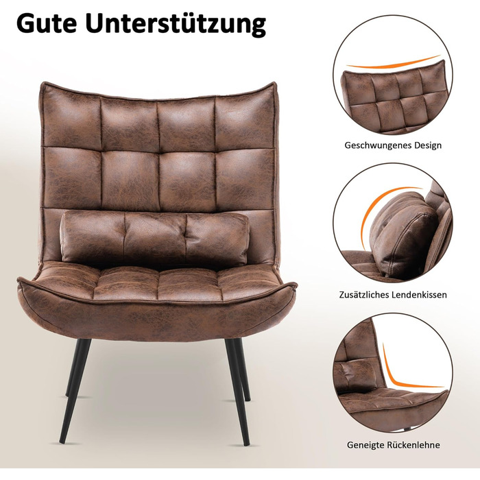 Сучасне крісло MCombo, крісло-реклайнер для вітальні, з поперековою подушкою, ретро вінтажне крісло для читання, крісло для відпочинку, м&39яке крісло, 4779-1 (коричнева мікрофібра)