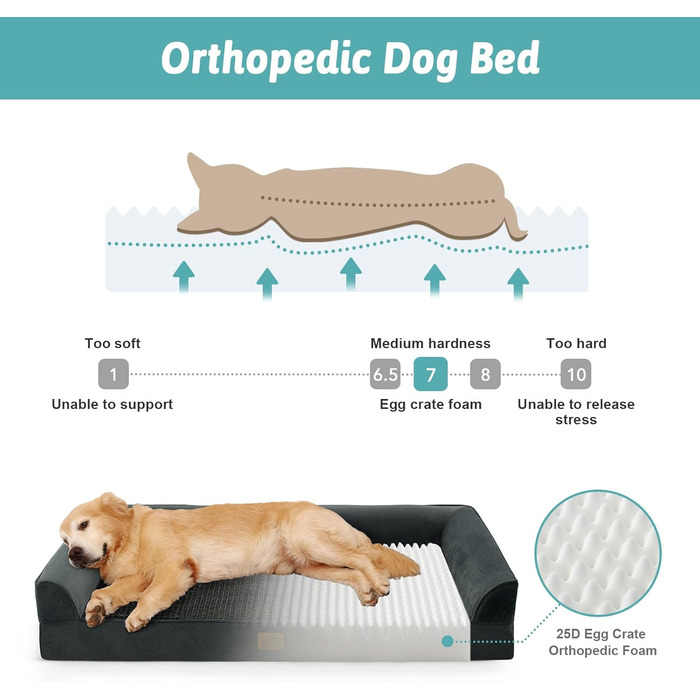 Ортопедичне ліжко для собак, диван для середніх або великих собак, великий підтримуючий кушетка з пінопласту з водонепроникною підкладкою, протиковзкий, що прається, U-подібна, 44x32x7 дюймів, чорний колір, Д 110 x Ш 80 x В 18 см