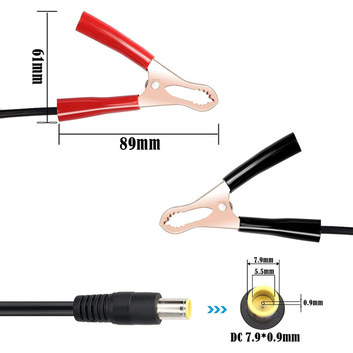 Батарея Затискач типу крокодил до 8-міліметрового штепсельного кабелю 18AWG 24 В ізольований затискач типу крокодил до DC7909 Кабель для портативних зарядних станцій, сонячних панелей, сонячних батарей тощо (4,9 фута)
