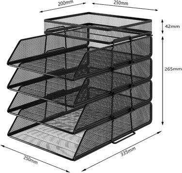 Настільний органайзер TQVAI з 4 відділеннями та верхнім лотком, металевий лоток для документів, лоток для паперу A4, органайзер для журналів для офісу, дому та школи, чорний