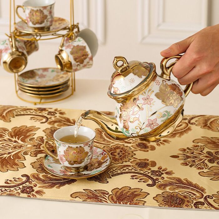 Позолочений керамічний чайний набір із червоної троянди, вінтажний чайний набір із чайником, гарний чайний набір на 6 осіб (рожевий, середній) середньо-рожевий