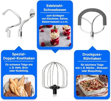 Кухонний комбайн ProfiCook з чашею з нержавіючої сталі XXXL Міксер 10 л з двигуном 1500 Вт Тістомісильна машина з гаком і віночком Машина для замішування тіста Захист від бризок з отвором для наповнення PC-KM 1096 Нержавіюча сталь 10 літрів