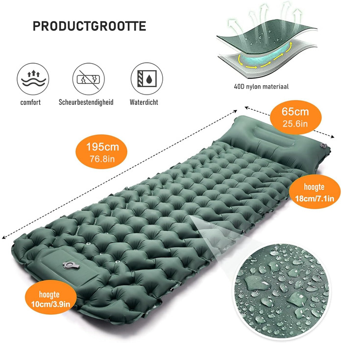 Самонадувальний килимок для кемпінгу CALIYO потовщений надувний матрац з ножним насосом, надлегкий та водонепроникний Інтегрована подушка, невеликий розмір у упаковці для активного відпочинку, походів, наметів та подорожей, одномісний хакі, 195 см x 65 см
