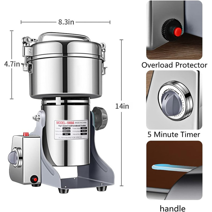 Зерновий млин Електричний млин 1000 г Високошвидкісний граїндер з нержавіючої сталі та комерційний моторний точильний камінь для трав/спецій/горіхів/зерна із захистом від перевантаження