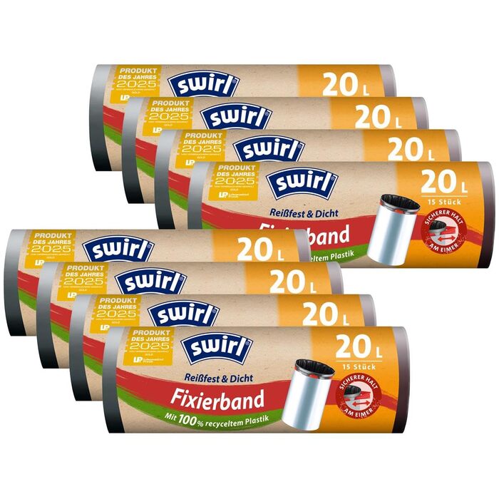 Пакетів для сміття з фіксуючою стрічкою Swirl Fixing Tape 20 л (15 пакетів/рулон) - 20 літрів, стійкі до розриву та протікання, виготовлені з переробленого пластику, 8
