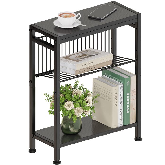 Вузький приставний столик, 3 полиці, вузька тумбочка з підставкою для журналів, приставний столик до дивана, невеликий журнальний столик для вітальні, спальні, кухні та балкону, кабінету (чорний) 1 Чорний