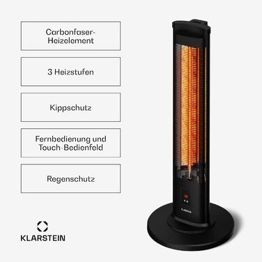 Інфрачервоний обігрівач Klarstein BlazeTower, окремостоячий пристрій - 2000 Вт, 3 режими нагріву, IP45, захист від перекидання, таймер, пульт дистанційного керування та сенсорний екран, тихий, портативний, для використання на вулиці