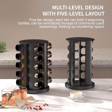 Кругла чорна підставка для спецій з 20 чорними круглими банками для спецій, карусель для спецій з нержавіючої сталі, що обертається на 360, органайзер для спецій, підставка для спецій, банки для спецій зі вставкою-шейкером, кругла банка для спецій B 20
