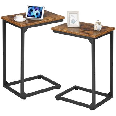 Набір з 2 приставних столиків AMHANCIBLE, журнальний столик C-подібної форми, стіл для вітальні з металевим каркасом, мобільний журнальний столик, журнальний столик-диван для кави та ноутбука, приставний столик для спальні, вітальня, коричневий