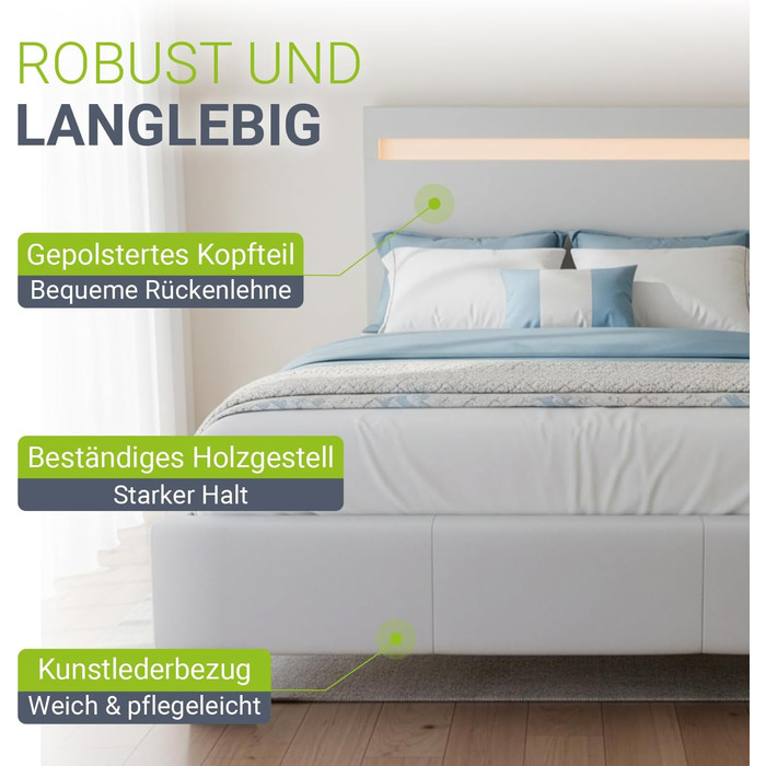 Ліжко Juskys Paris з м&39якою поверхнею 90x200 см зі світлодіодним освітленням, рейковим каркасом та узголів&39ям, ліжко з дерев&39яним каркасом та чохлом зі штучної шкіри, біле 90 x 200 см