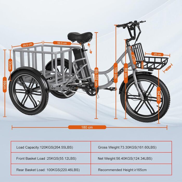 Дюймовий триколісний електровелосипед, знімний акумулятор 48 В 18 Аг, розблокування NFC, передачі вперед і назад, з товстими шинами, фара, вантажний велосипед, вантажопідйомність 200 кг, сірий, 20-