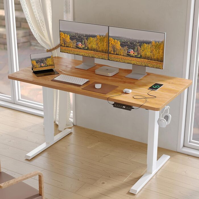Стіл FEZIBO з регульованою висотою та портами зарядки USB-A та USB-C, 100 x 60 см, стіл для роботи сидячи та стоячи, стіл з електричним регулюванням висоти, ергономічний комп&39ютерний стіл для домашнього офісу, світло-коричневий 100 x 60 см світло-коричн
