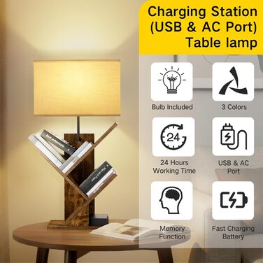 Книжкова полиця GOOGO у формі дерева з підсвічуванням та зарядною станцією, 4-рівнева окремостояча полиця для книг та компакт-дисків, 3 колірні температури, настільна книжкова полиця для вітальні, спальні та домашнього офісу (коричнева)