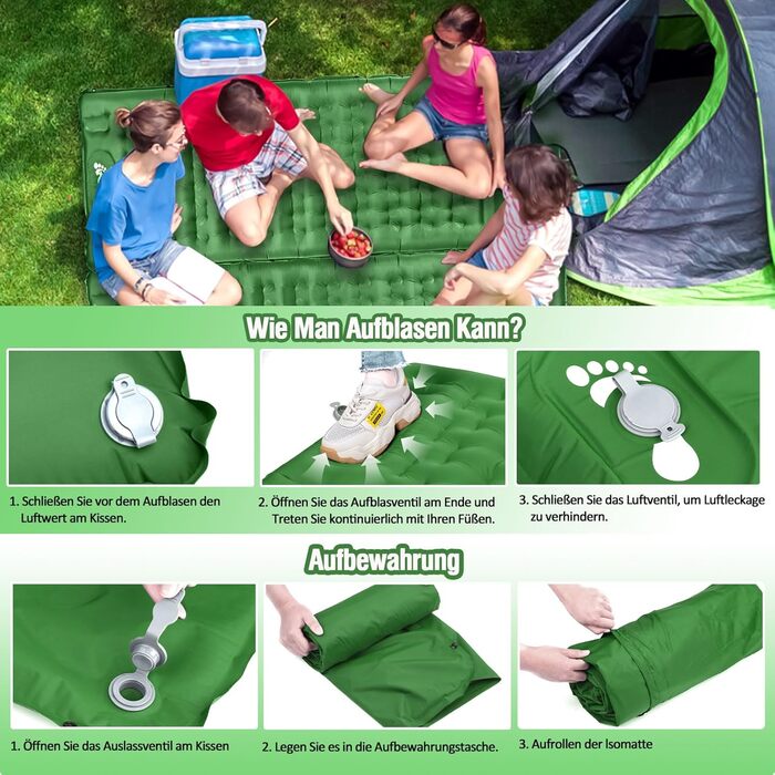 Килимок для сну на вулиці, потовщений кемпінговий килимок 12 см, самонадувальний з ножним насосом та подушкою, надлегкий складаний, надувний матрац для кемпінгу, походів, подорожей на природі, зелений