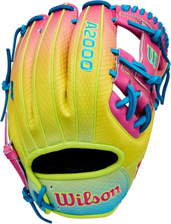 Бейсбольні рукавички Wilson Autumn 2025 A2000 сині/оптично-жовті/рожеві для внутрішнього поля - 11,5 футів для кидка правою рукою
