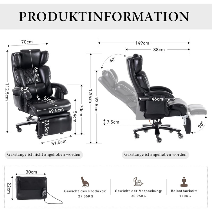 Офісні крісла, офісне крісло з підставкою для ніг та функцією масажу, офісне крісло зі штучної шкіри, поворот на 360, регульована спинка, до 150 кг, для офісу та домашнього офісу (чорне)