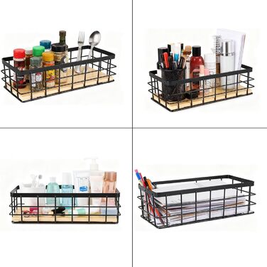 Дротяний кошик, металевий кошик, металевий кошик для зберігання у ванній кімнаті, металевий кошик зі знімною дерев&39яною основою, настінний кошик для дому, для фруктів та закусок, кухонна комора, 2 предмети, 29x13x10 см, чорний