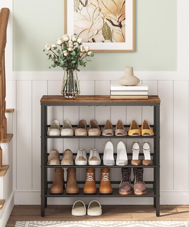 Взуттєва полиця HOOBRO, 4 полиці для взуття, шафа для взуття, регульована металева сітчаста полиця, містка верхня частина, для 12-15 пар взуття, вхід, коридор, індустріальний стиль, вінтажний коричнево-чорний EBF42XJ01 темно-коричневий чорний 75 x 30 x 69