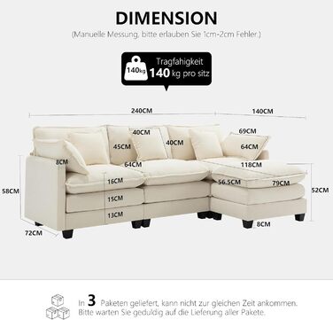 Подібний диван &quotХмара&quot, Модульний 4-місний секційний диван з оттоманкою, Сучасний диван з підлокітниками/декоративними подушками, Дихаюча тканина шенил, L-подібний диван для вітальні, Бежевий 240 см - L Бежевий