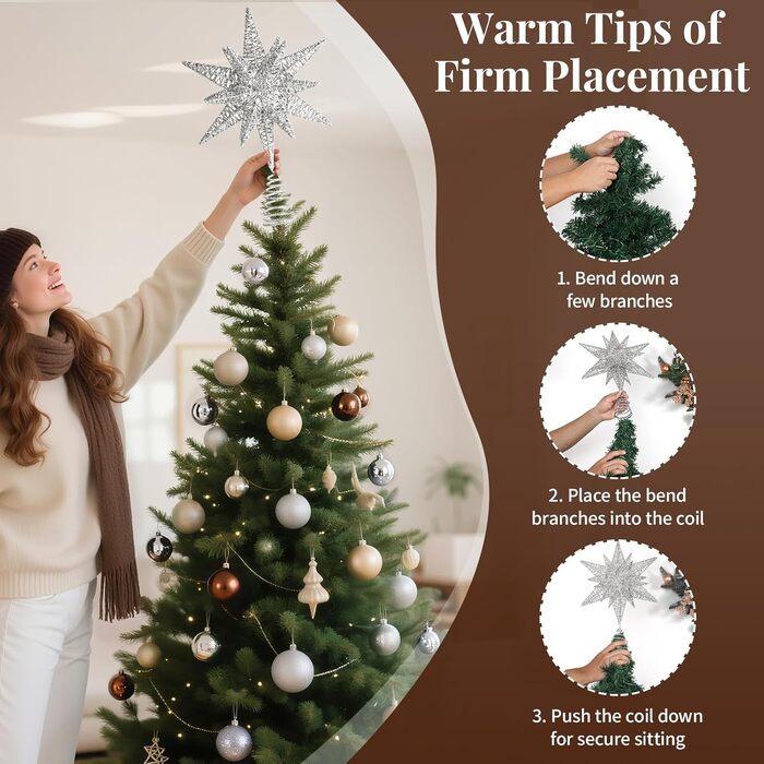 Різдвяна верхівка для ялинки зірка срібна Lewondr