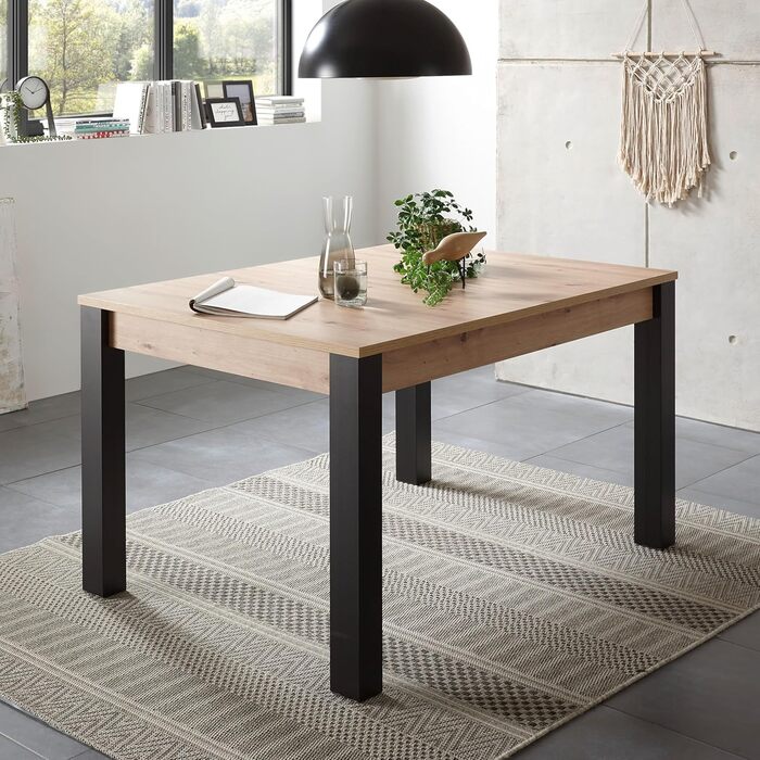 Розкладний обідній стіл Lucas з дубовим покриттям Artisan, чорний - Розкладний кухонний стіл для вашої вітальні та їдальні - 140-210 x 76 x 90 см (Ш/В/Г)