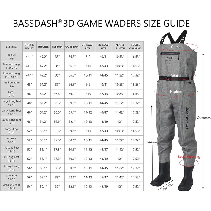 Вейдерси Bassdash 3D Angler&39s, надміцні чорні картаті нейлонові ПВХ рибальські мисливські вейдерси для чоловіків, сірі, XL, довгі 11-12 футів