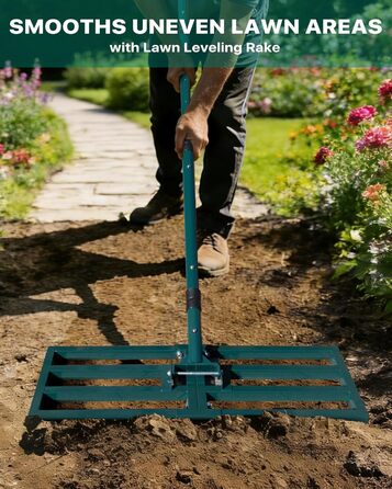 Вирівнювач газону Rasenrakel Міцний граблі для вирівнювання ґрунту, піску (76x25 см) з гаком для підвішування та регульованою ручкою для саду, городу, гольф-полів