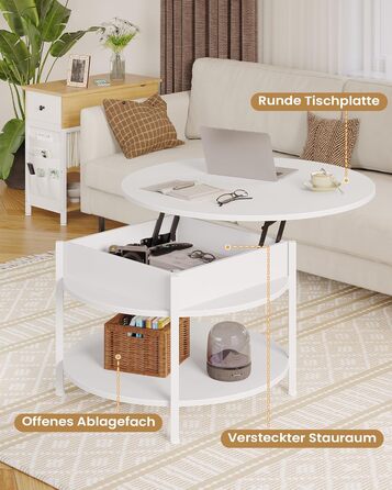 Круглий журнальний столик з підйомною стільницею, журнальний столик з регульованою висотою, бічний столик, стіл для вітальні з прихованим місцем для зберігання, відкритий відсік, металевий каркас, для вітальні, офісу, 70 x 70 x 50 см, білий.