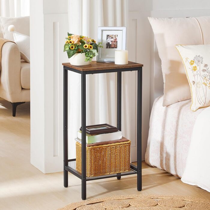 Високий журнальний столик HOOBRO, телефонний столик з регульованою сітчастою полицею, вузька тумбочка, диван-столик, 38 x 28 x 73,5 см, для офісного коридору, вітальні, промисловий дизайн, темно-коричневий EBF03DH01 рустикальний коричневий, чорний