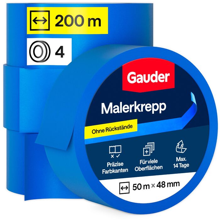 Малярська стрічка GAUDER для точних країв фарби - малярська стрічка для малярних робіт - синя малярська стрічка та малярська стрічка - малярська стрічка з паперу васі - малярська стрічка - малярська стрічка (4 рулони - 48 мм x 50 м) 48 мм x 4 рулони