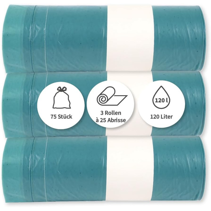 Сміттєві пакети Franz Mensch на 75 предметів, 120 л зі шнурком, LDPE, сині, стійкі до розриву, рулонні, для утилізації відходів, приблизно 45 мкм