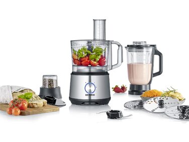 Мультифункціональна кухонна машина SEVERIN KM 3892, 1200 Вт кухонний комбайн для замішування, змішування, тертки та подрібнення з розширеним набором аксесуарів
