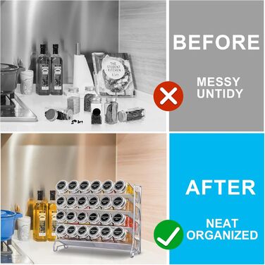 Стійка для спецій, металева кухонна полиця, вміщує багато банок для спецій, органайзер для спецій для кухонної шафи, 24 пластикові банки для спецій, 80 етикеток, лійка та крейдяний маркер (сріблясто-сірий), 4T