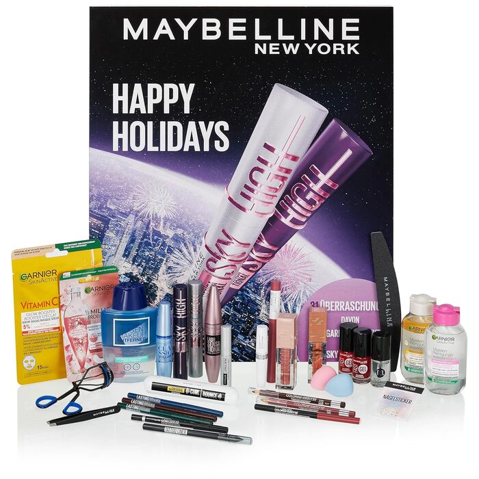 Різдвяний календар Maybelline New York на 2025 рік із 31 дверима на весь грудень, 26 повнорозмірними продуктами та 5 подарунками, включаючи 2 туші Sky High Mascara 4 продукти Garnier Skincare.