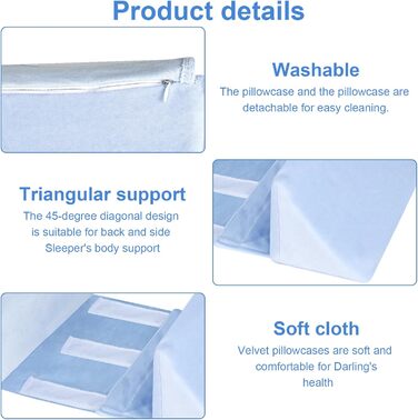 Позиціонуюча подушка, клиноподібна подушка 43x10x10 см, регульована, подушка з боковою підтримкою, знімна позиціонуюча подушка, ватний диск зі спинкою, подушка для сну на боці з антискочуванням, синя