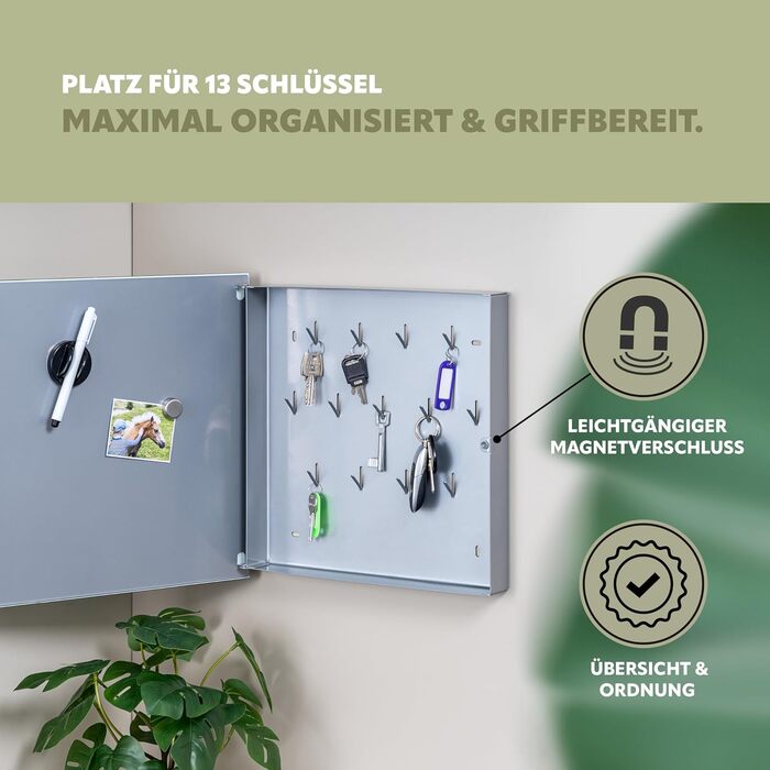 Скринька для ключів Bremermann XL зі скляною передньою частиною, з можливістю запису, 13 гачків, 6 магнітів, 1 маркер, 1 тримач для маркера, металевий корпус, порошкове покриття сірого (білого) кольору