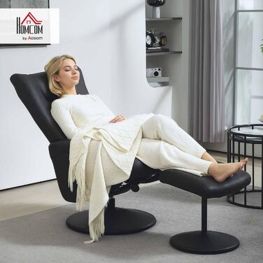 Крісло для телевізора HOMCOM з підніжкою, поворотне на 360 з функцією відкидання, розслаблююче крісло з регульованою спинкою, крісло для телевізора з вантажопідйомністю до 150 кг, для вітальні, штучна шкіра, чорний колір