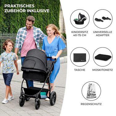 Коляска 3 в 1 до 26 кг з дитячим кріслом I-SIZE 40-75 см, функція баггі, регульоване положення спинки, великий розкладний капюшон,