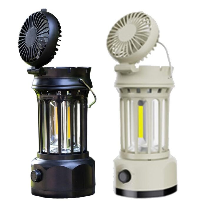 Ліхтар для кемпінгу, портативний багатофункціональний ліхтар з акумулятором 1200 мАг, складний вентилятор та зарядка через порт Type-C, 250 люмен, ABS хромоване залізо, чорний/білий