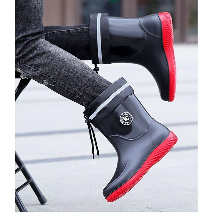 Водонепроникні гумові чоботи Pangolin для жінок та чоловіків, дощовики до середини литки з нековзною підошвою, знімний теплий внутрішній черевик/підкладка, робочі чоботи для садівництва на відкритому повітрі, чорні/червоні, EU 48