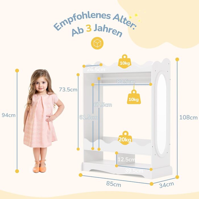 Дитяча шафа LUE BONA, Дитяча шафа з дзеркалом та вішалкою для одягу, Дерев&39яна дитяча шафа з 3 гачками, Шафа для дитячої кімнати з полицею, для дитячої кімнати, 85x108x34 см, Білий